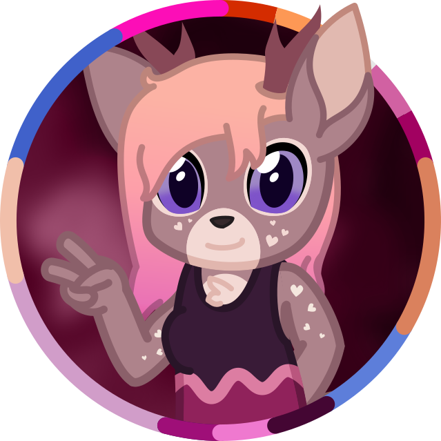 An image of Tey, a orange-pink haired deer, with heart-shaped freckles on her arms and face, she's holding up the V sign.